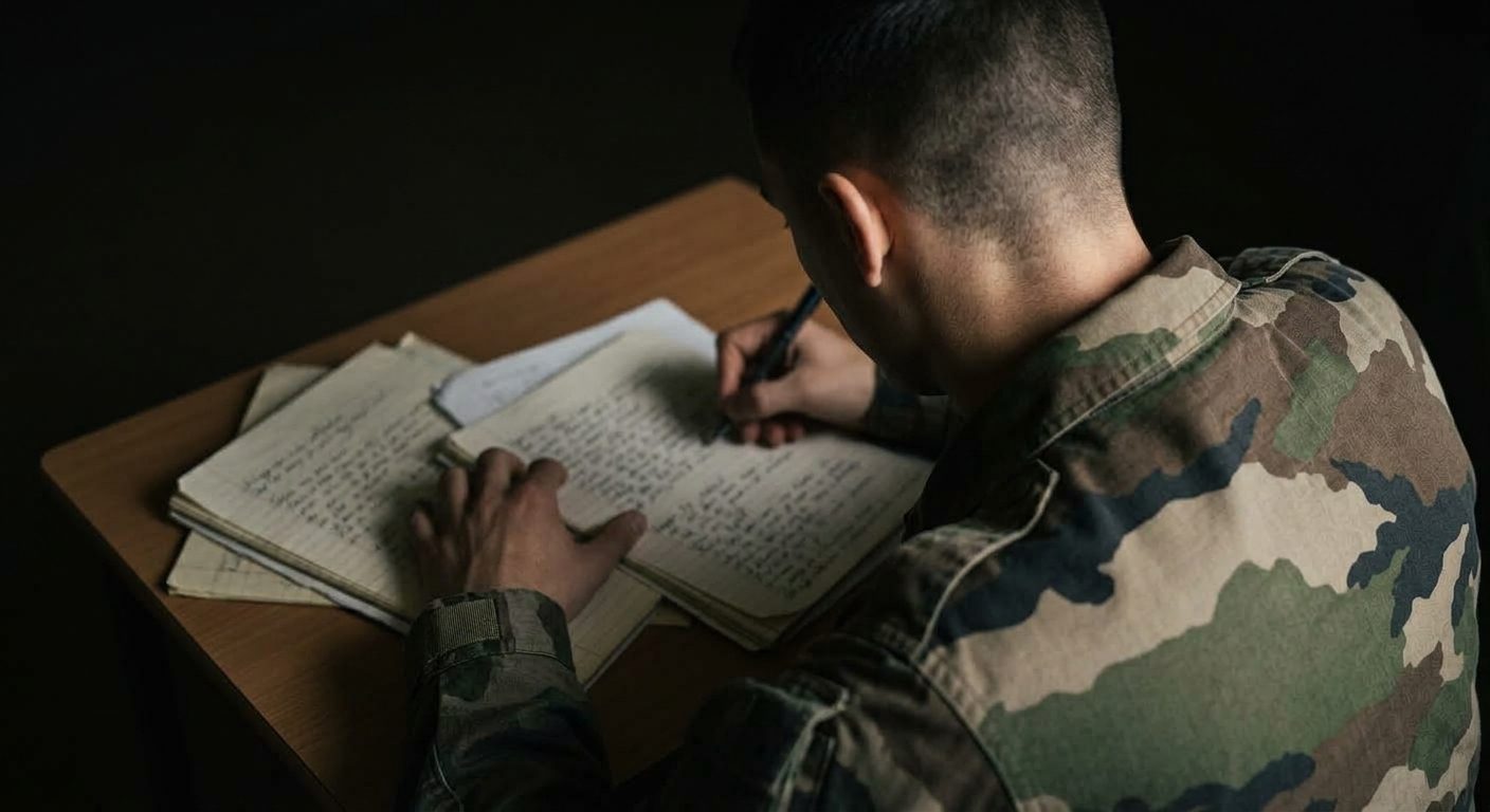 Militaire gay écrivant dans un carnet, illustration des témoignages de membres GayCharlie