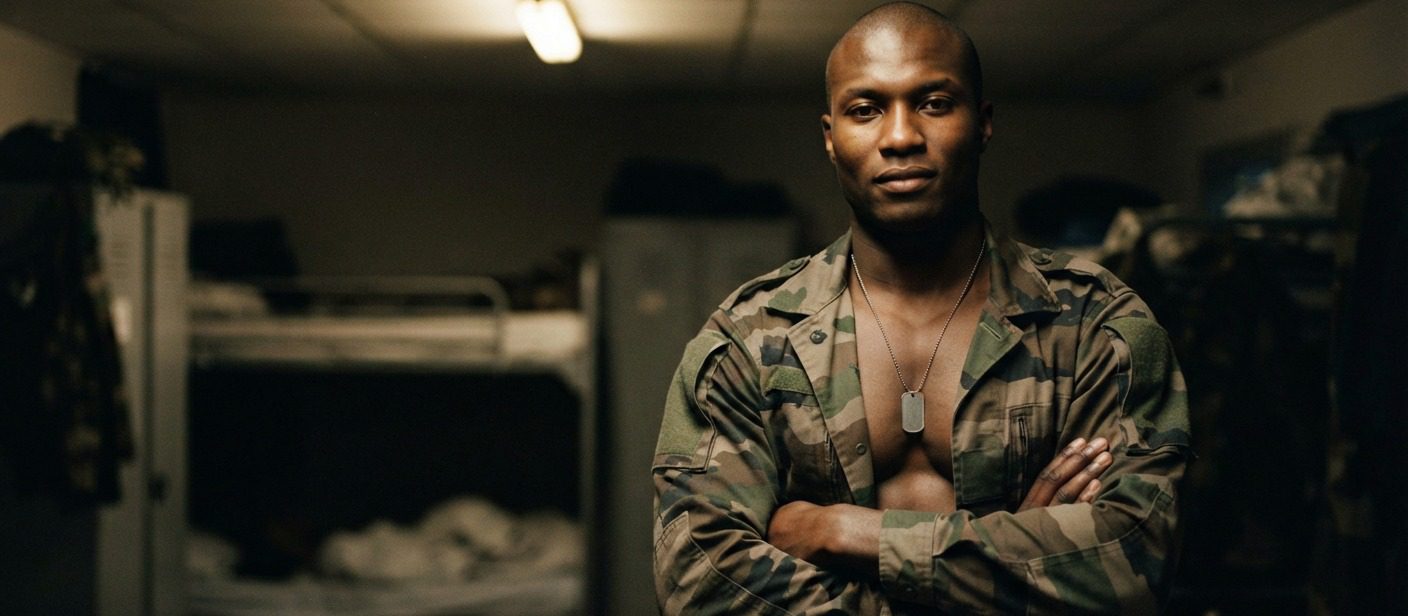 Militaire gay torse nu en treillis dans une caserne